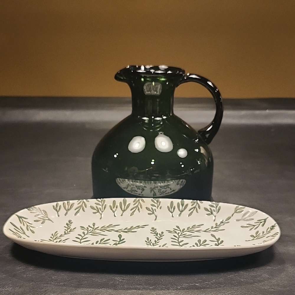 Elegant Green Glass Pitcher with Etched Veramic Green And Cream Floral Plate